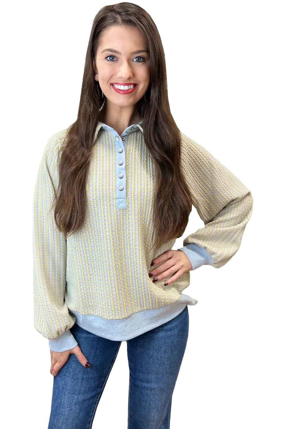 Beau Blue Striped Henley Collar Textured Sweatshirt cba59ef0c3eefd25