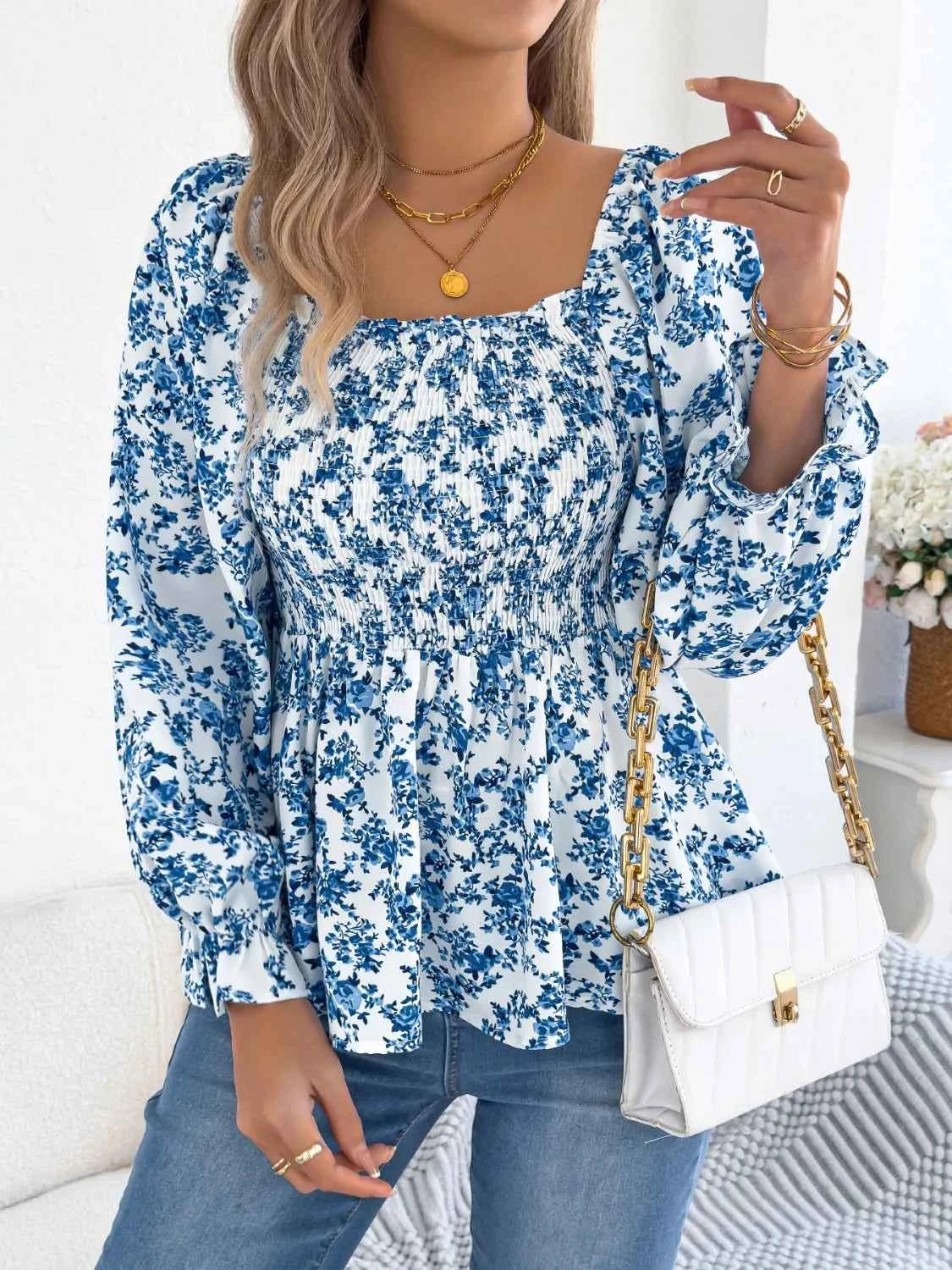 Floral Square Neck Flounce Sleeve Blouse cba62428-f2b9-41fb-9d2f-d711c946f28d-Max-Origin