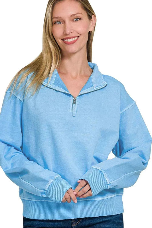 Zenana F/terry Pigment Dye & Enzyme Washing Half Zip Top DEEP SKY cba6cd1d-95c6-4323-bb1b-80b091a0034f-Max-Origin