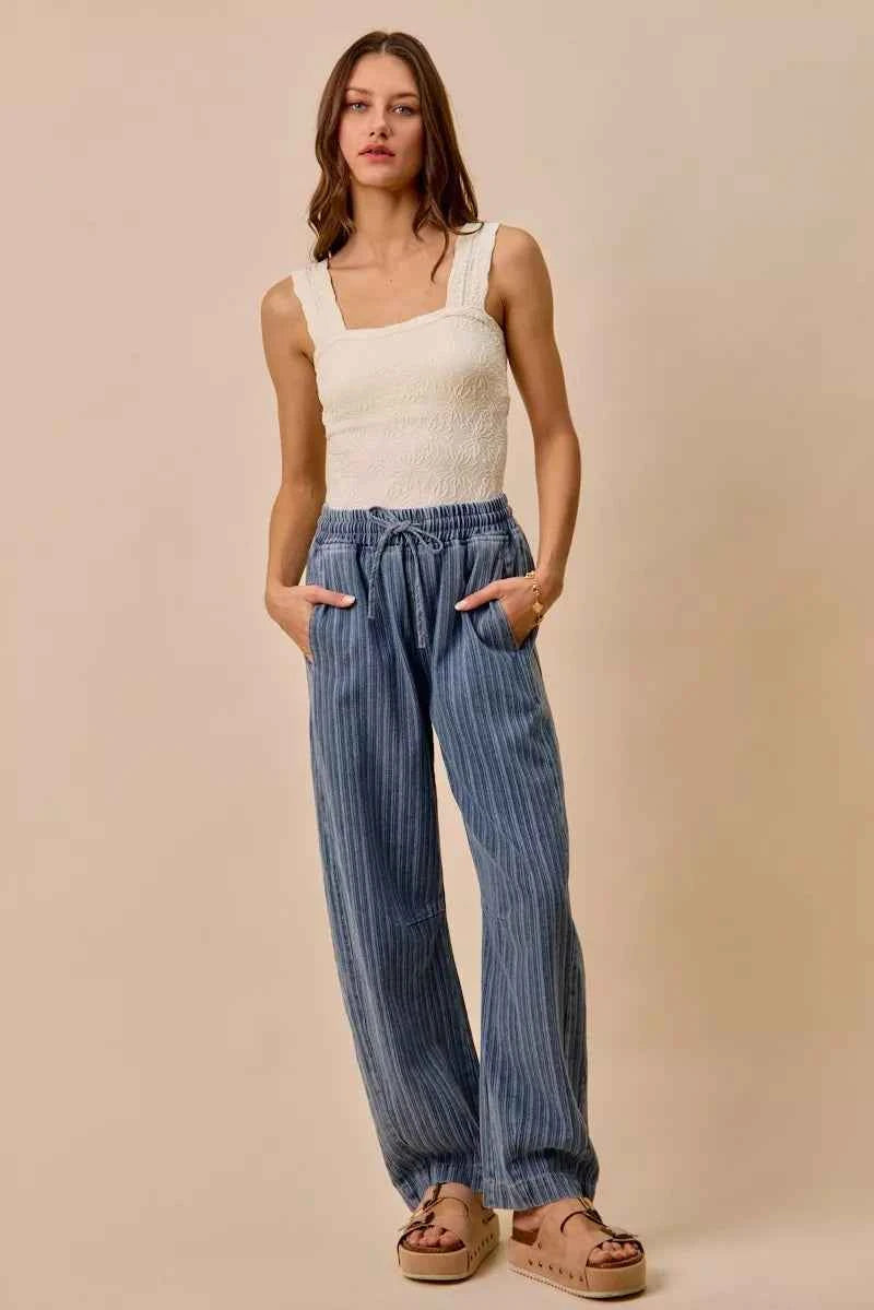 SO ME Stripe Denim Barrel Jeans Drawstring Waistband cba7d8f6ff11496ca06884631c3d0162-Max-Origin