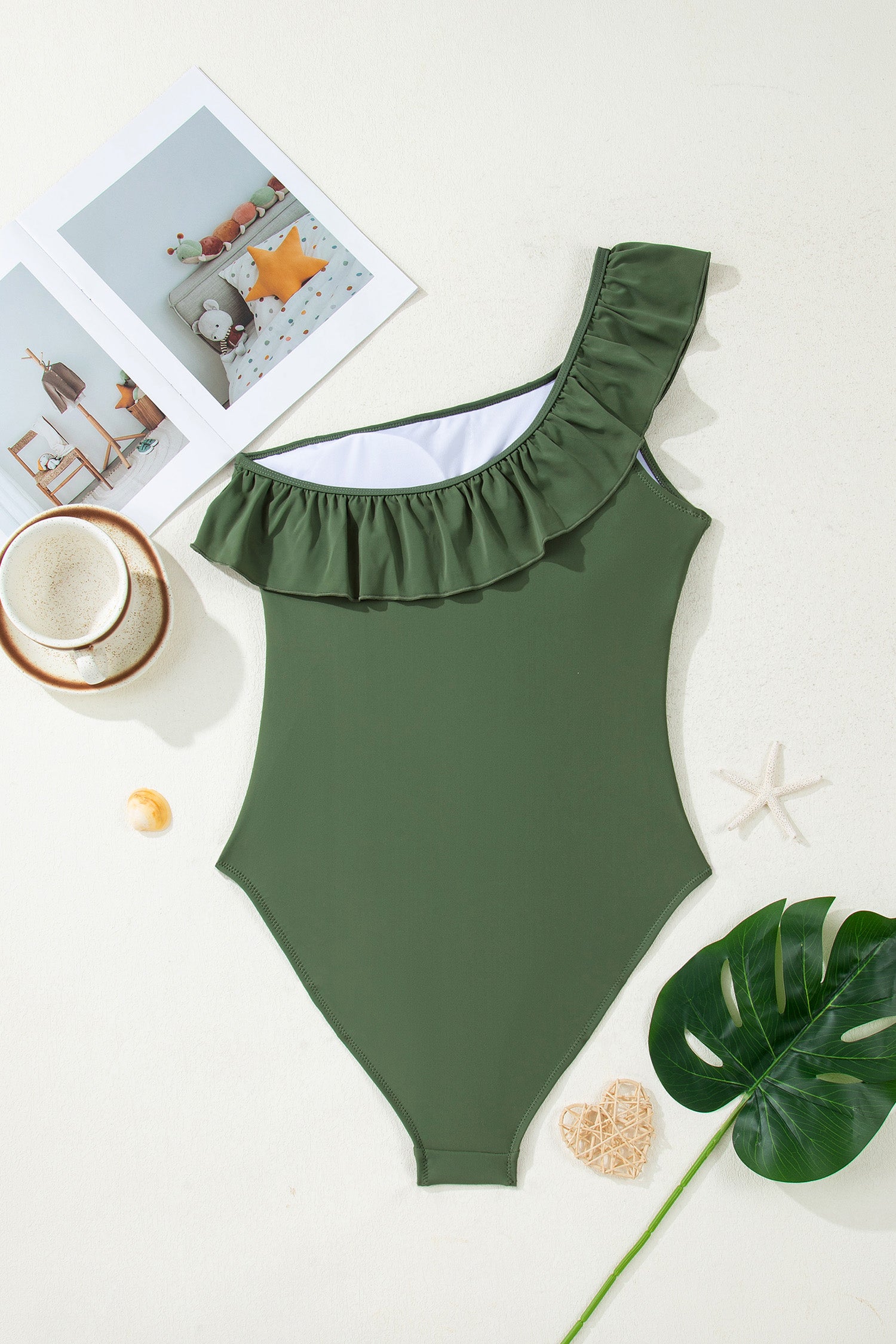 Color Black Solid Color Ruffle Trim Asymmetric Neck One Piece Swimsuit cbb2930956d8ea1b