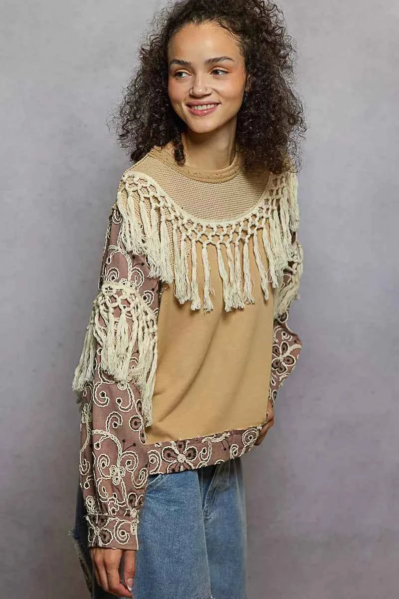 Contrast Floral Embroidery Balloon Sleeve Top with Tassel Trim cbb67a51-d47e-4ab8-958f-5f200494d772-Max-Origin