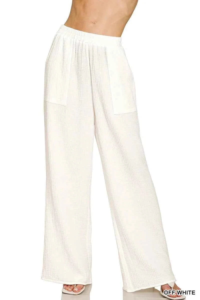 Zenana Double Gauze Elastic Band Pants OFF WHITE cbbf385582fd4e2590c78b119b000d27-Max-Origin