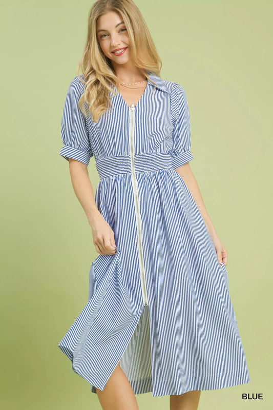 Striped Midi Dress with Front Zipper BLUE cbc2279a-326d-41f0-a82e-8ec41c52d449-Max-Origin