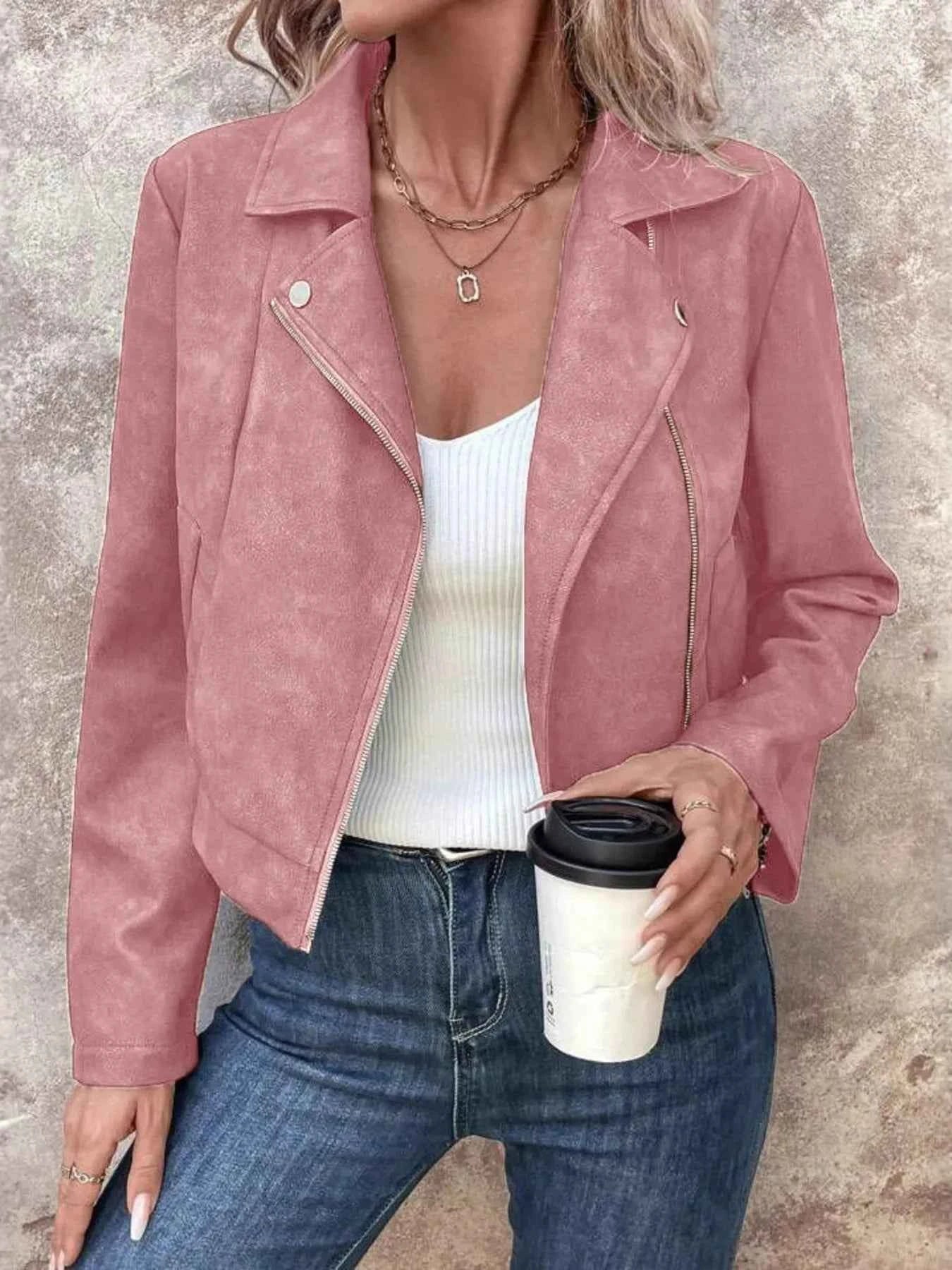 Zip Up Suede Cropped Moto Jacket