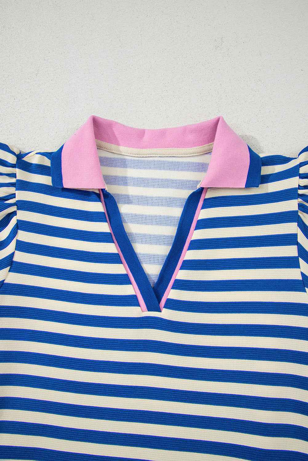 Dark Blue Striped Ruffle Short Sleeve Pop of Color Neckline Dress cbc4394029cacd66