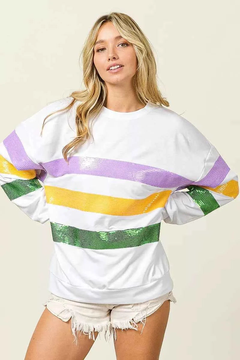 BiBi Sequin Mardi Gras Striped Round Neck Sweatshirt cbc4d05566d9417b8e6991d161c326b4-Max-Origin