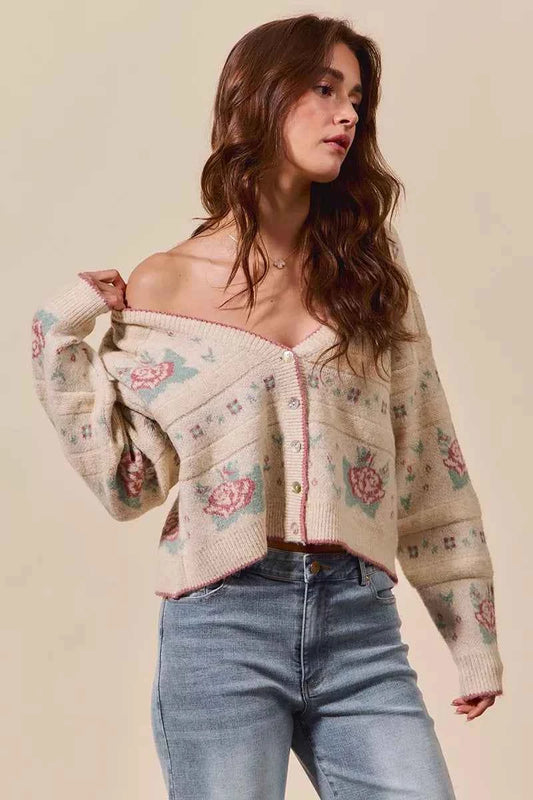 Floral Pattern Long Sleeve Button Sweater Cardigan cbc619acf7d34980a3d142bb42498d43-Max-Origin
