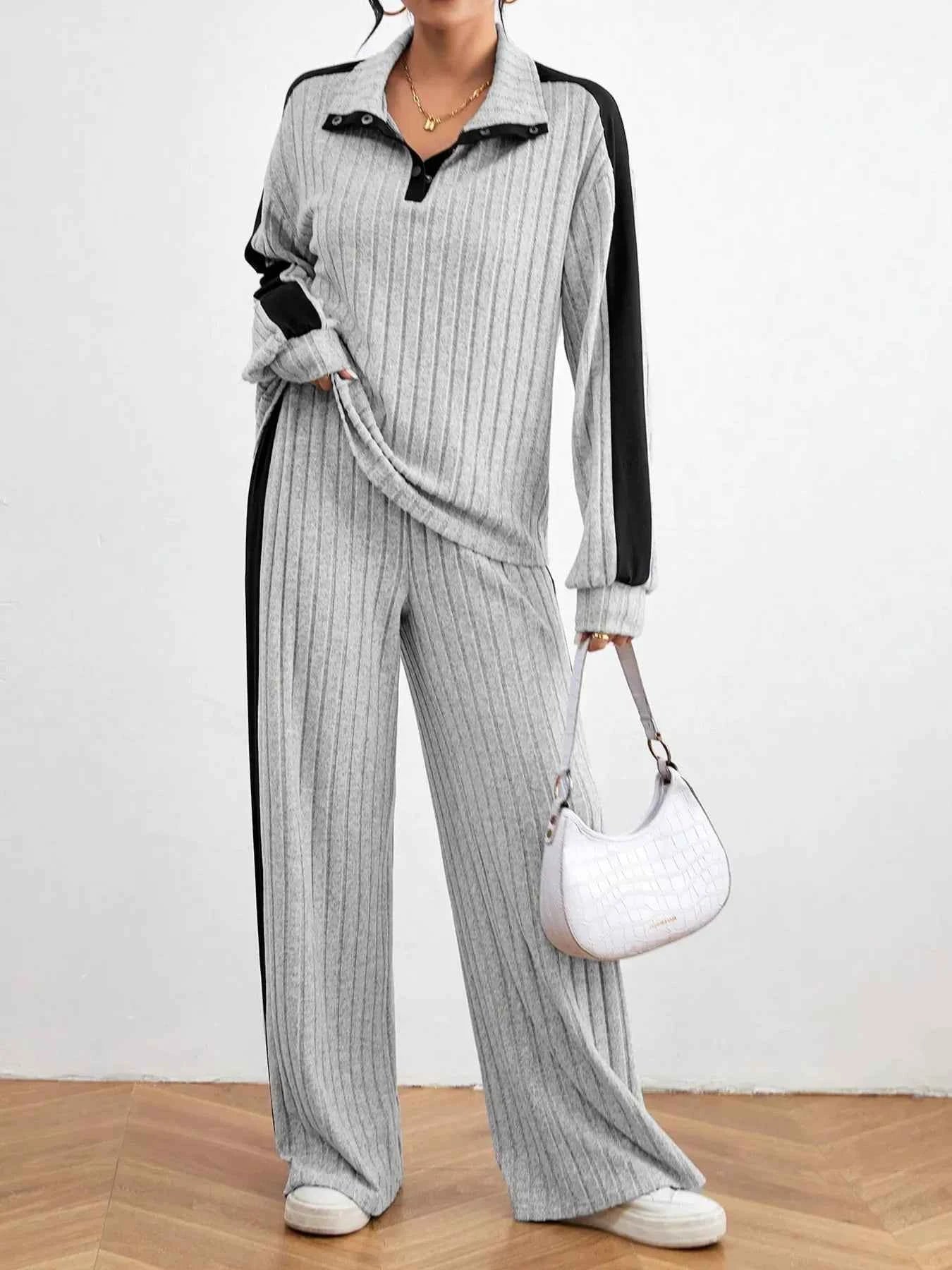 Ribbed Long Sleeve Top and Pants Set Light Gray cbd098f8365e4154a2f8be82ccc56034-Max-Origin