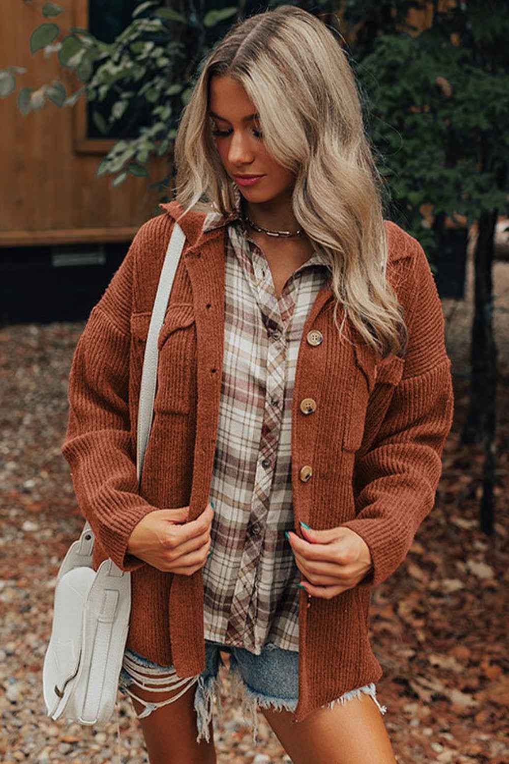 Medium Grey Ribbed Knit Buttons Front Flap Pocket Casual Shacket cbd2cb2c4ddb9aa2