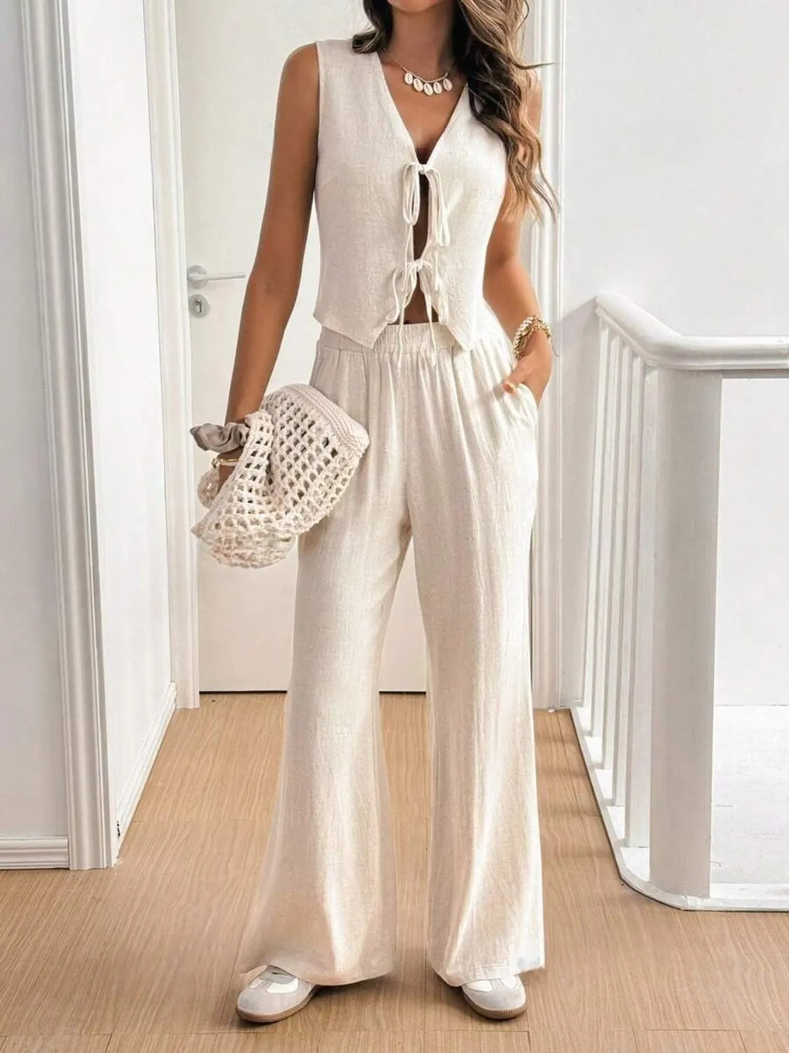 V Neck Sleeveless Top and Pants Set Beige cbd4b5cd-0524-4ab2-a93d-1b764af583a2-Max-Origin