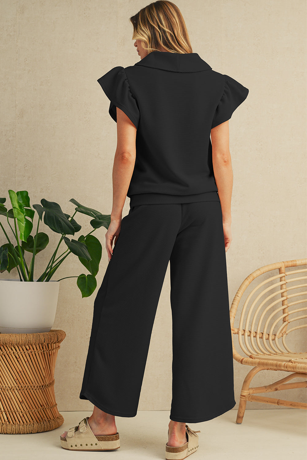 Black Textured Ruffle Sleeve Zipped Top and Wide Leg Pants Set cbd5ee48f2f535c9