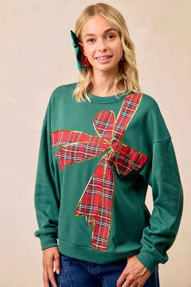 BiBi Plaid Ribbon Bow Detail Christmas Fleece Pullover GREEN RED PLAID cbd721040e97433e9cfb45363d6095c8-Max-Origin