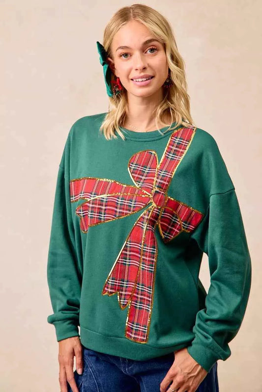 Plaid Ribbon Bow Detail Christmas Fleece Pullover GREEN RED PLAID cbd721040e97433e9cfb45363d6095c8-Max-Origin