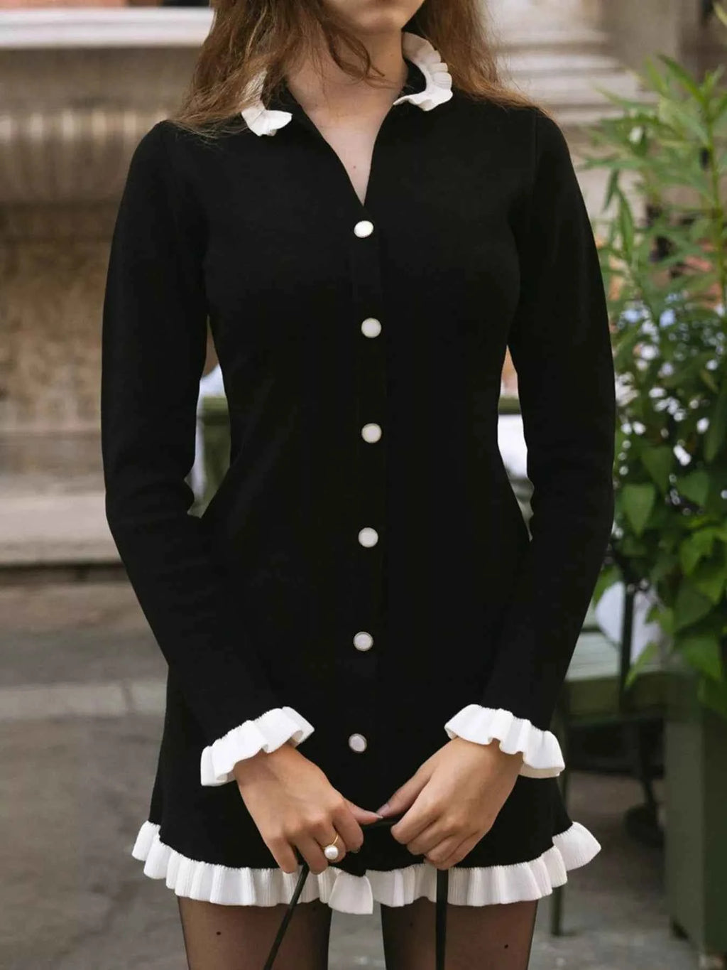 Ruffle Trim Button-Down Sweater Dress cbda3a6a-dbf9-471d-b3c2-625b7a31e409-Max-Origin