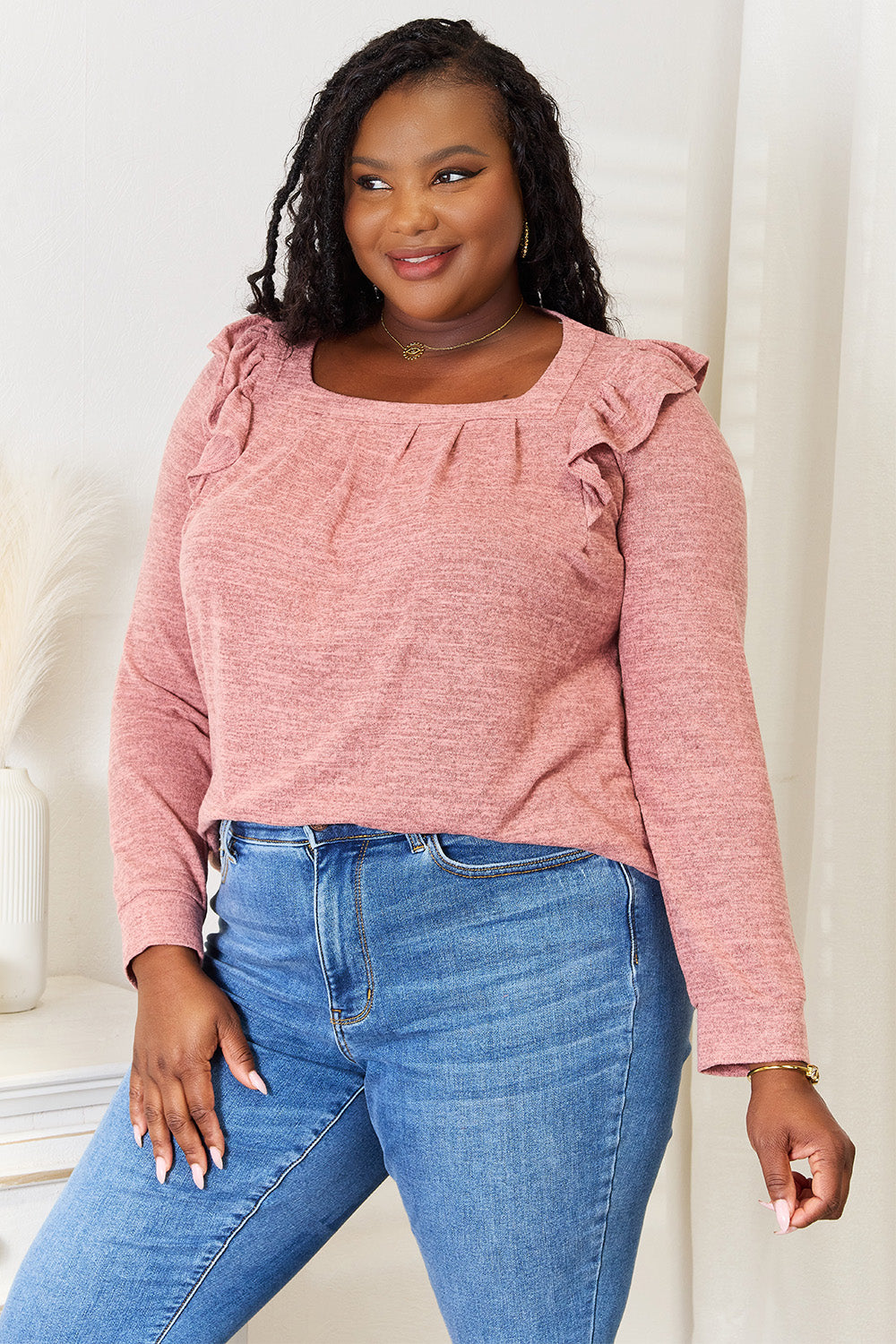 Double Take Square Neck Ruffle Shoulder Long Sleeve T-Shirt cbdebf4c53d248028a6996f439450834-Max