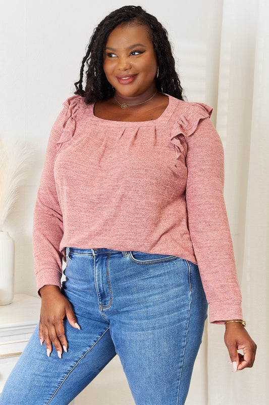 Double Take Square Neck Ruffle Shoulder Long Sleeve T-Shirt cbdebf4c53d248028a6996f439450834-Max
