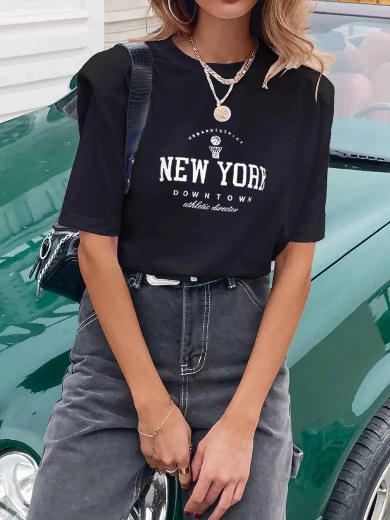 Letter Round Neck Half Sleeve T-Shirt cbe05055-115c-4275-892f-5e563b490263-Max-Origin