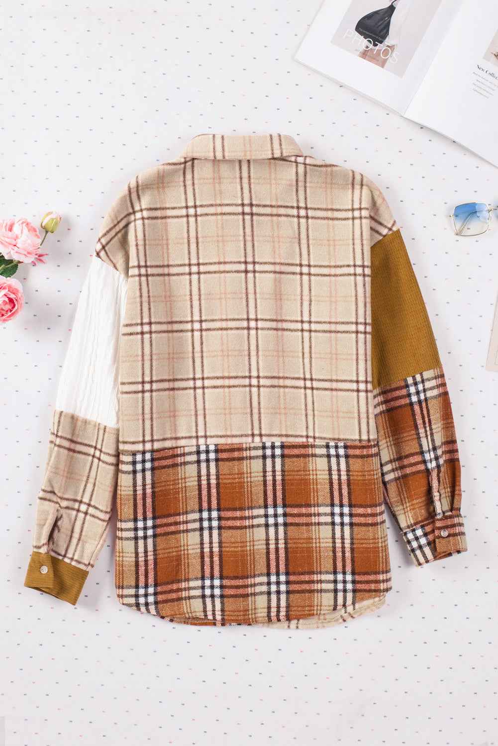 Orange Plaid Color Block Patchwork Pocket Shirt Shacket cbe5acc5e61ab882
