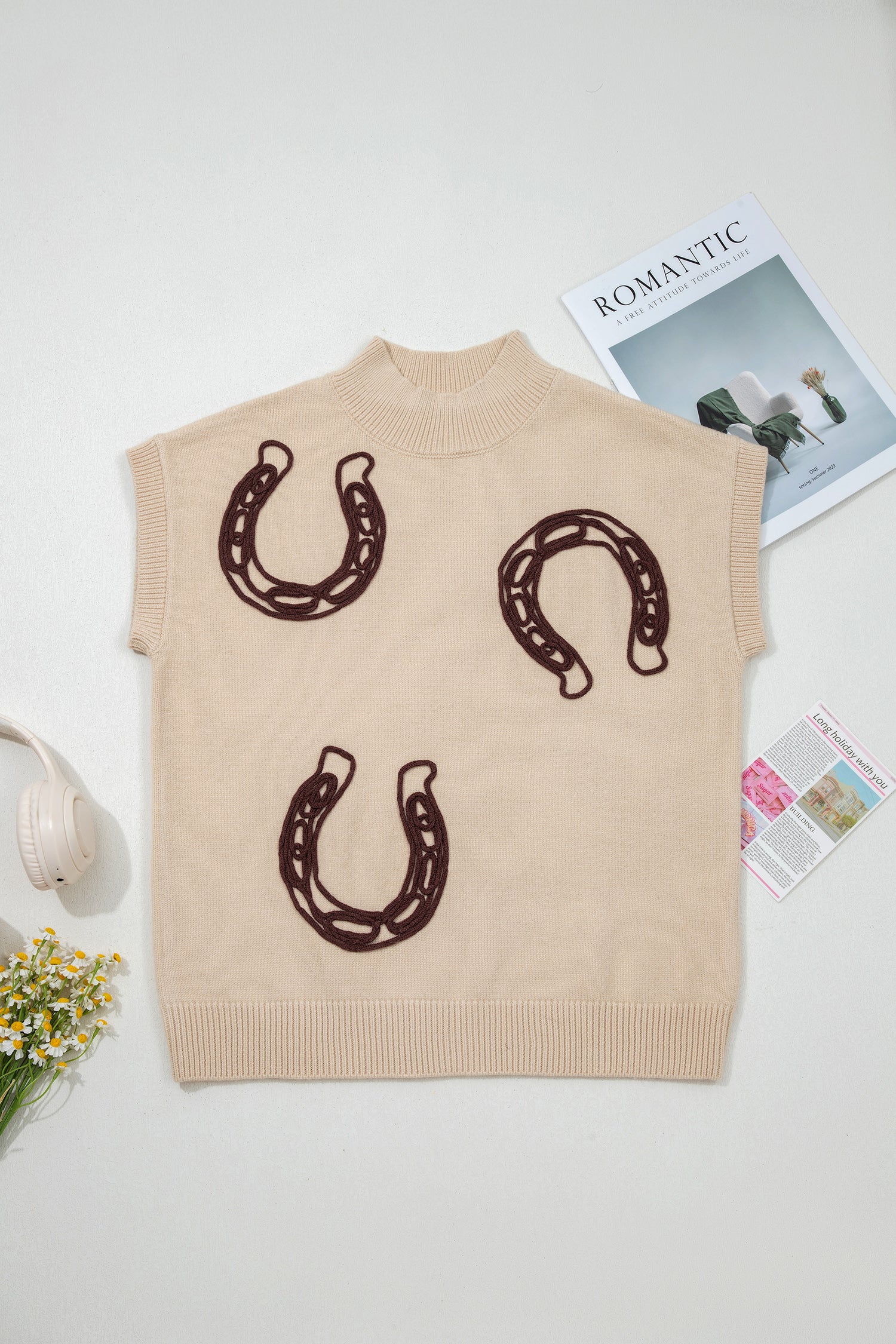 Parchment Corded Horseshoes Ribbed Trim Mock Neck Short Sleeve Sweater cbf1cd2b9920ea4c