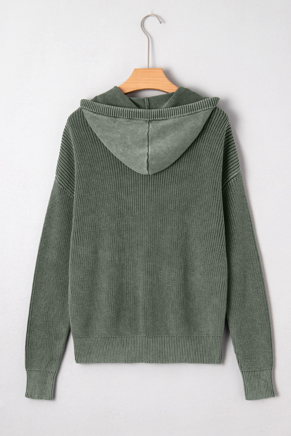 Mist Green Mineral Wash Ribbed Knit Drawstring Hooded Sweater cbf34708ef78b096