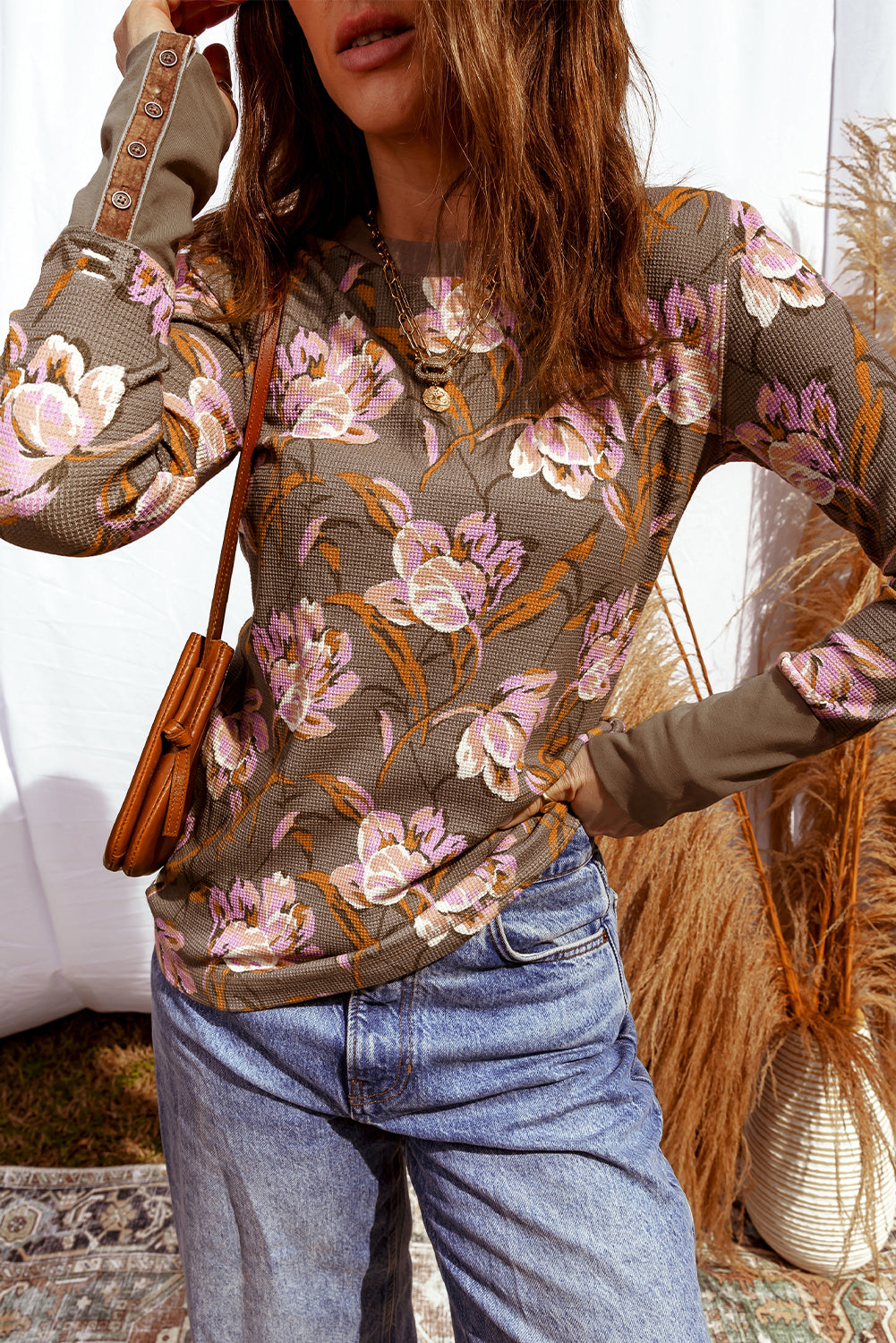 Brown Floral Print Waffle Textured Long Sleeve Top cbf40bf1dc64afbf