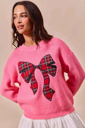 SO ME Checker Plaid Ribbon Christmas Holiday Sweater PINK cbfc4fbfb732404481c56effc7c7001d-Max-Origin