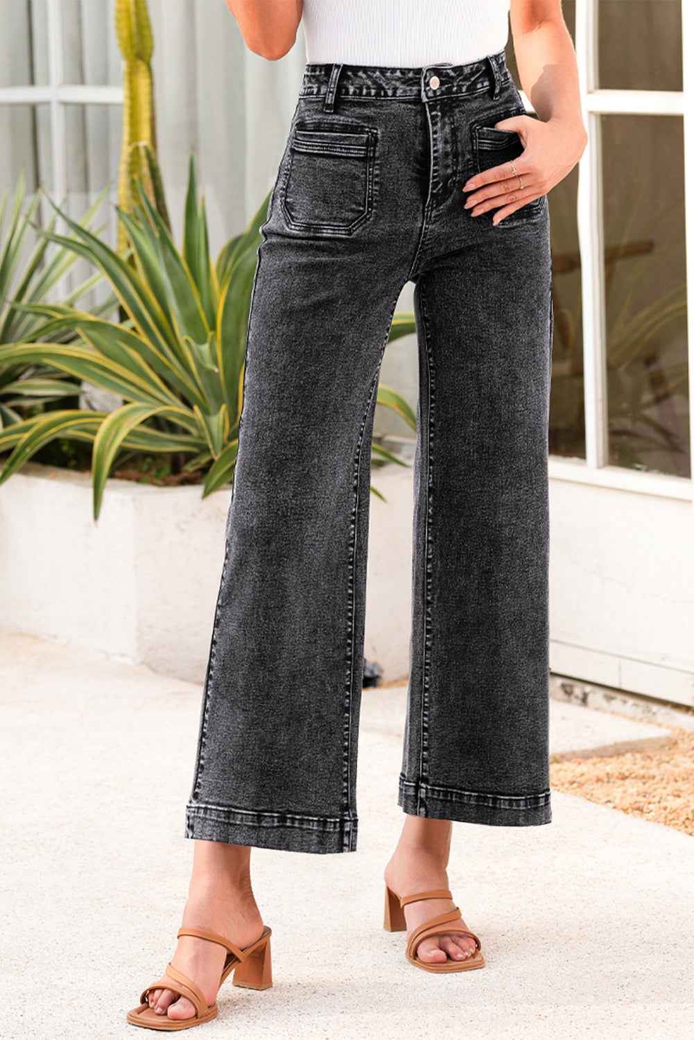Sky Blue Chic Patch Pocket Straight Leg Loose Jeans cbfe0d9ecec6ddde