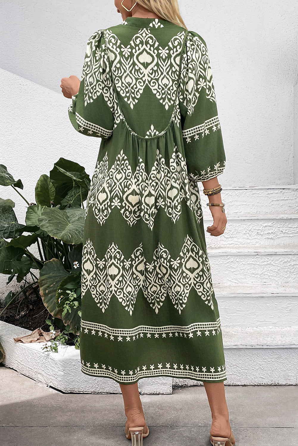 Green Abstract Geometric Print Long Sleeve Vacation Dress cbff9114bca7cf6d