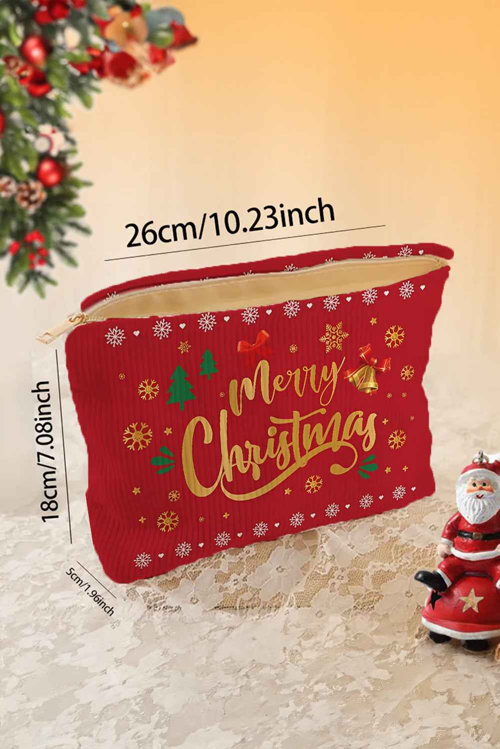 Pink Christmas Santa Claus Corduroy Zip Up Cosmetic Bag cbff99e66e2a30c3