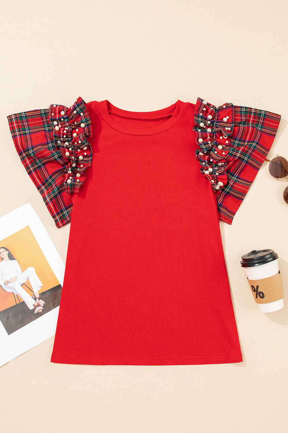 Racing Red Pearl Plaid Ruffle Sleeve Loose T Shirt cc0123189f0bfa4d