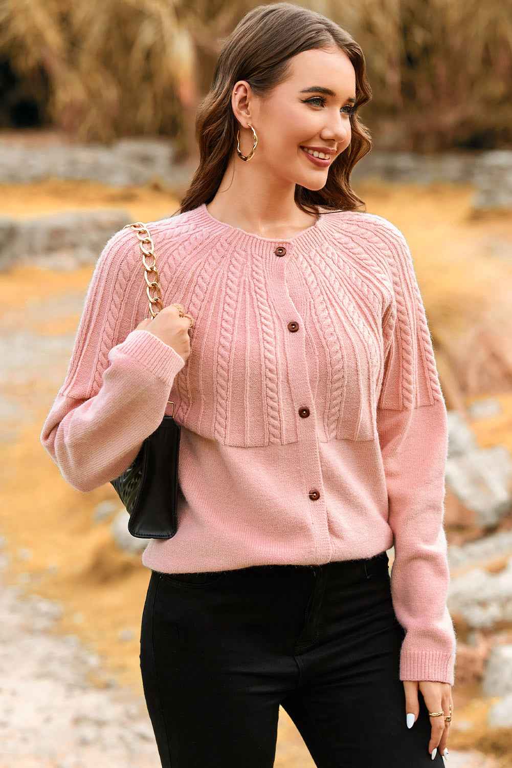 Light Pink Solid Color Textured Detail Button Down Long Sleeve Sweater Cardigan cc01f73a4113c82c