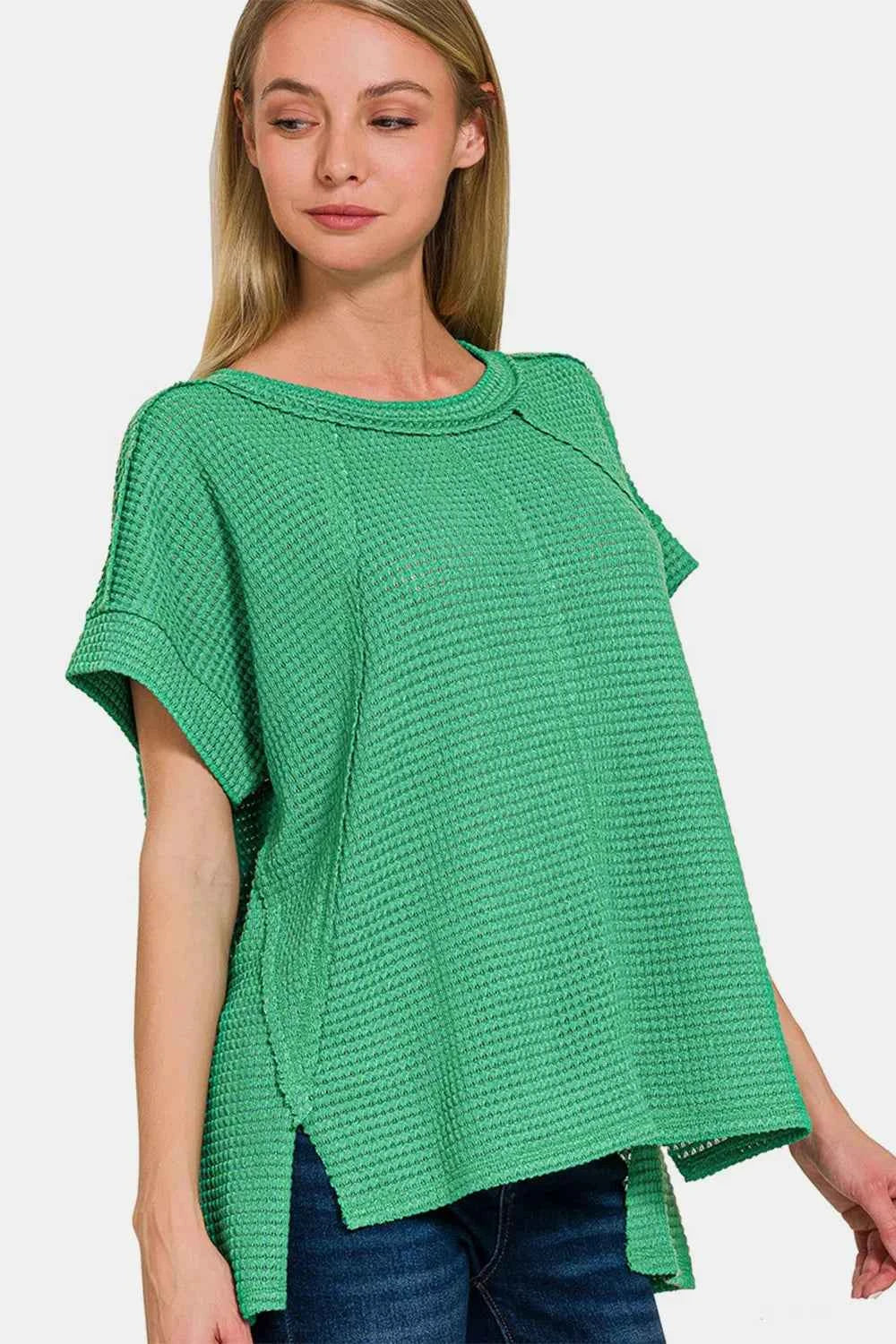 Zenana Waffle Exposed-Seam Short Sleeve T-Shirt cc078eaa-5585-4ab1-a1c9-7e60054bb1b8-Max