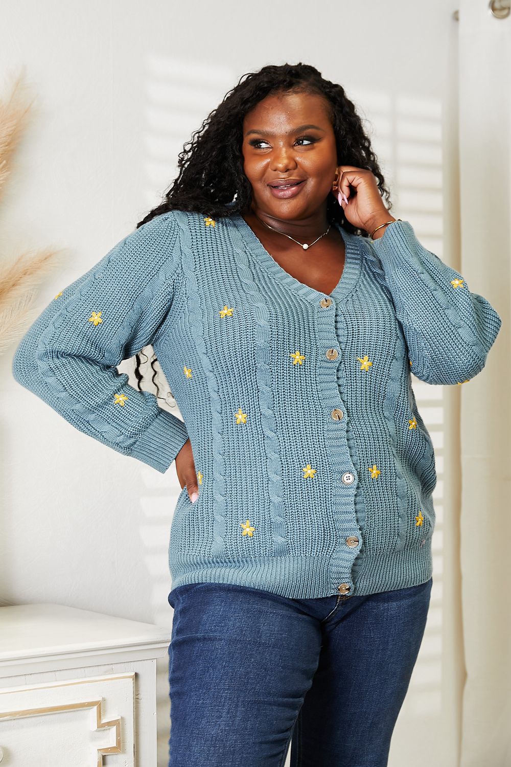 HEYSON Full Size Floral Embroidered Cable Cardigan Turquoise cc1cd2606c4c48c6b1afd0414dcdabd7-Max