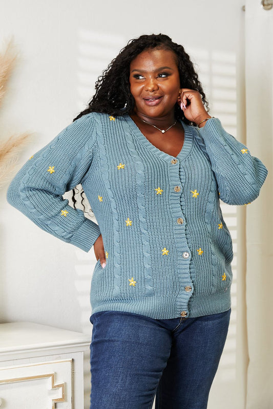 HEYSON Full Size Floral Embroidered Cable Cardigan Turquoise cc1cd2606c4c48c6b1afd0414dcdabd7-Max