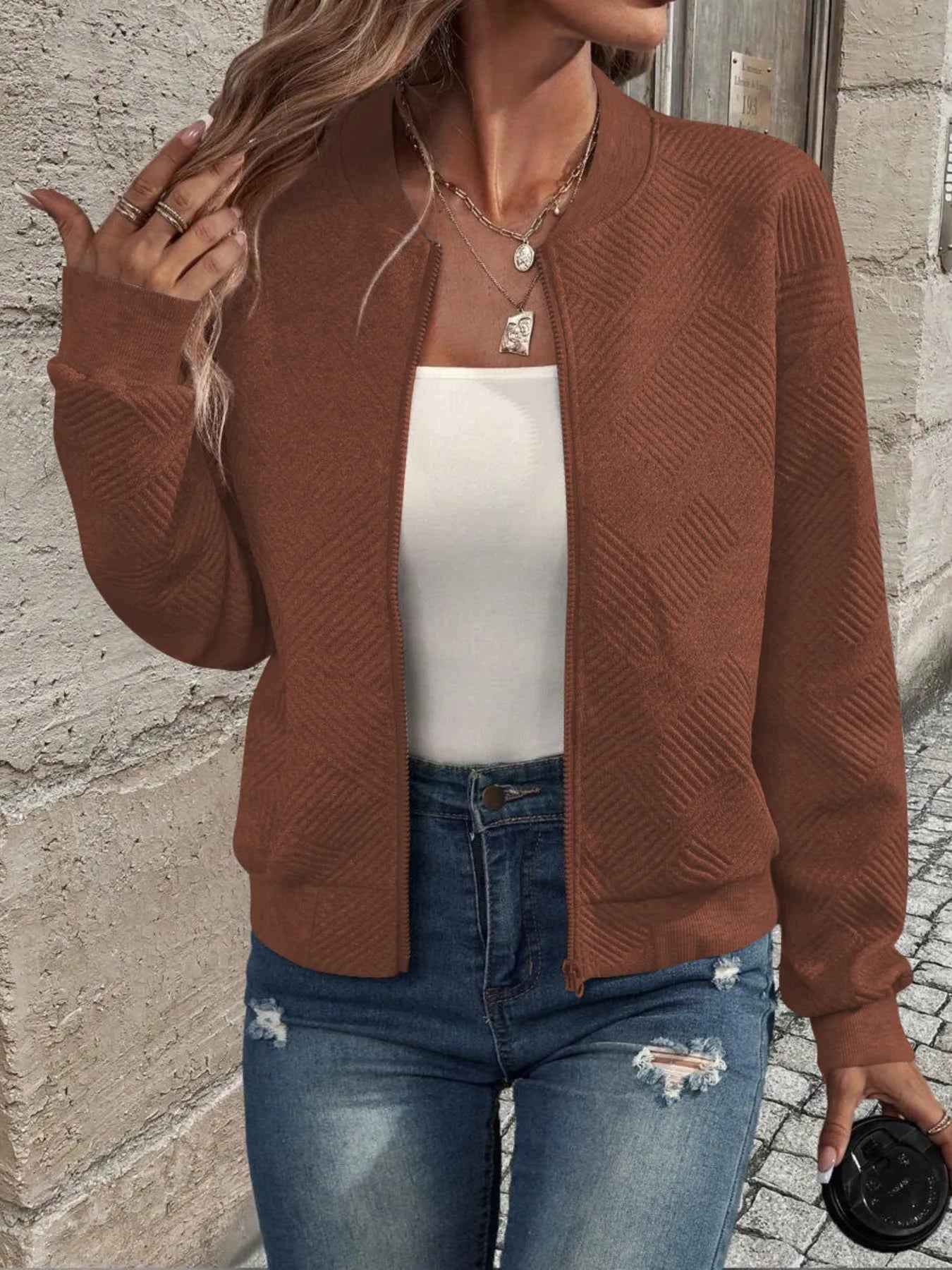 Zip-Up Textured Long Sleeve Jacket Caramel Color cc1d2ed8f0fa4461b526910da014df93-Max-Origin