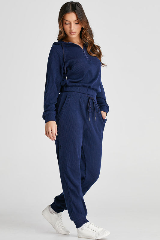 Navy Blue Ribbed Knit Cropped Hoodie and Drawstring Joggers Set cc27d28b4f8abe77