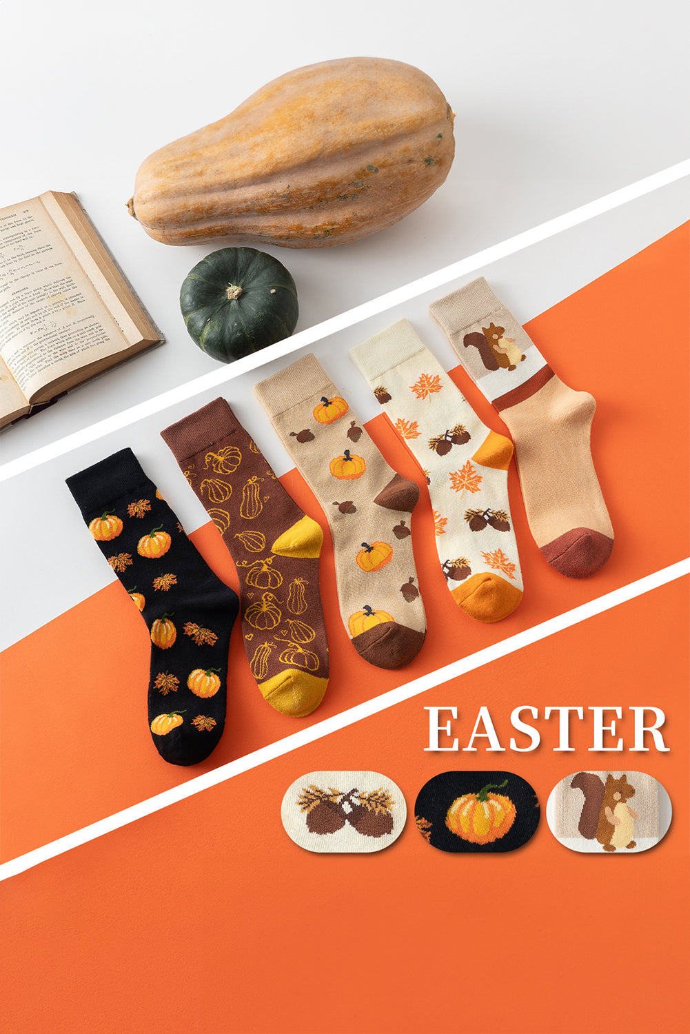 Parchment Pumpkin & Acorn Pattern Combed Cotton Crew Socks cc297efed501fc35