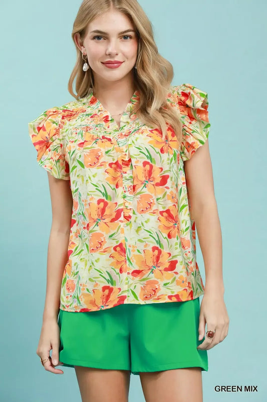 Smocked Yoke Ruffle Sleeve Floral Blouse GREEN MIX cc338639-500e-437d-ad3f-25c7cad02bef-Max-Origin