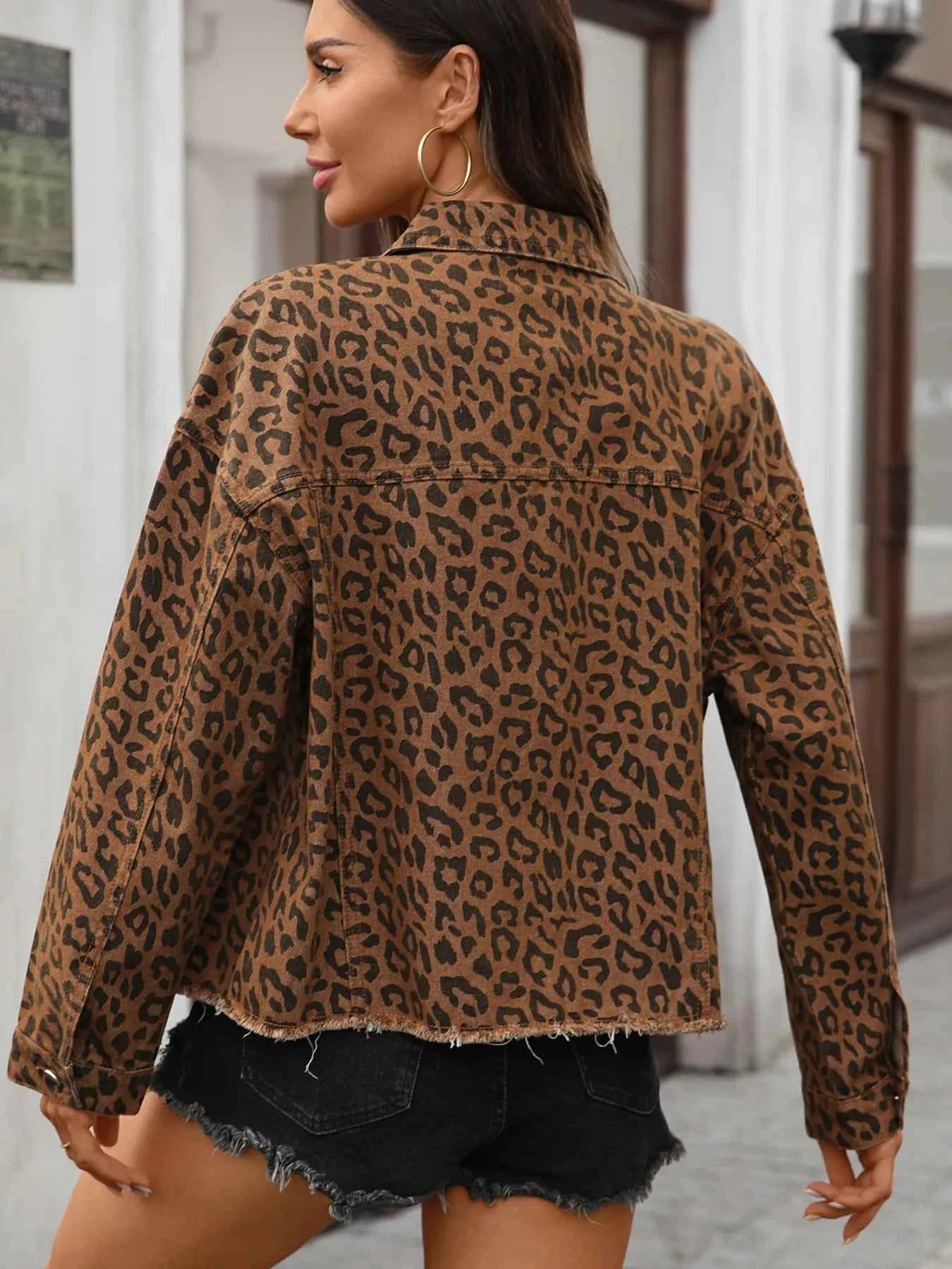 Leopard Print Raw Hem Denim Jacket cc338fb7c7544297834841ac93cddee1-Max-Origin