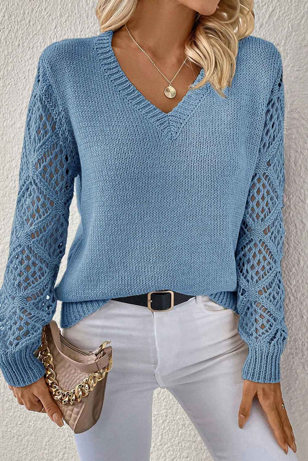 Beau Blue Solid V Neck Pointelle Knit Sleeve Patchwork Sweater Beau Blue 100%Acrylic cc3aee8638fb4792