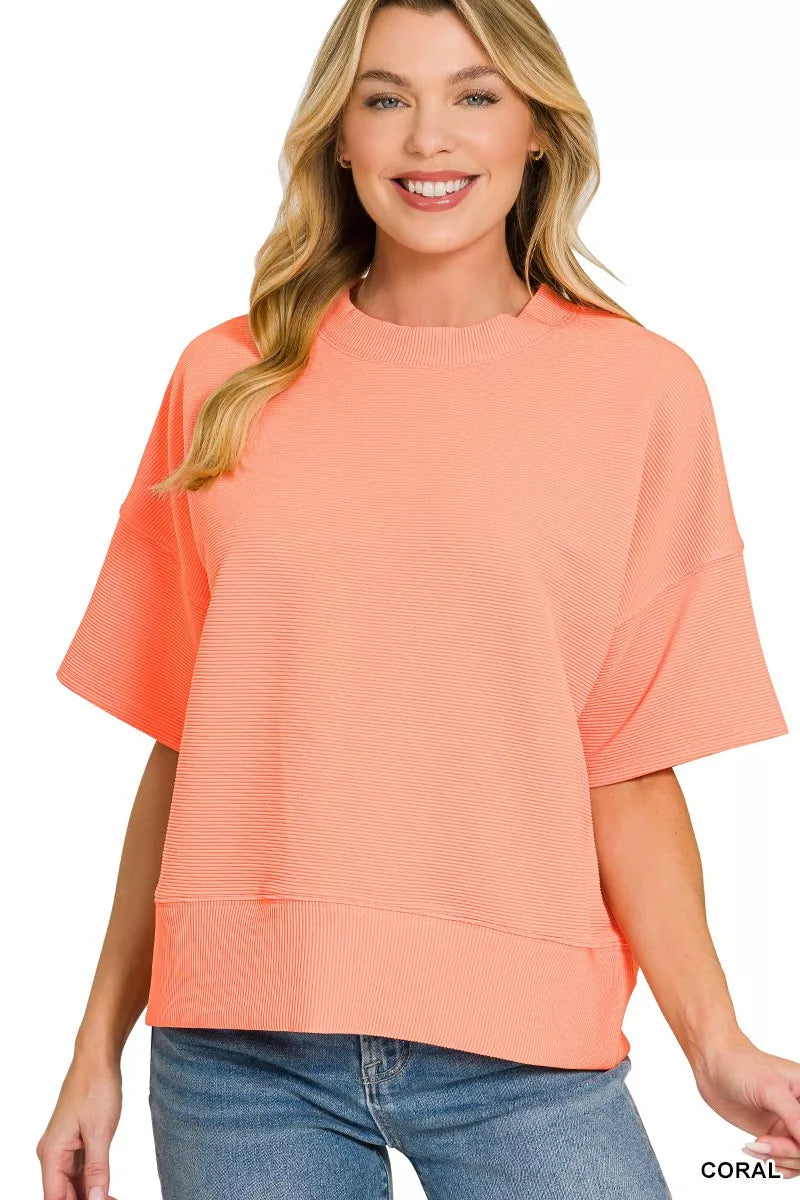 Zenana Ribbed Round Neck Waist Banded T-Shirt CORAL cc3de3578d264ddbb3d9fc83a42cf225-Max-Origin