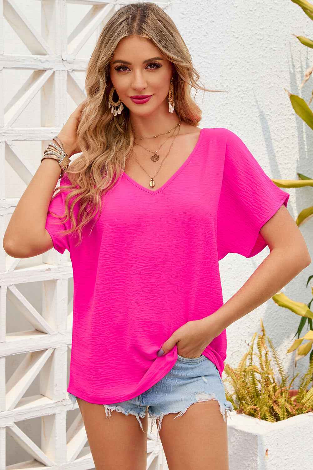 V-Neck Short Sleeve Top Hot Pink cc3f8e7a314249ee96018729ae0a4c85-Max