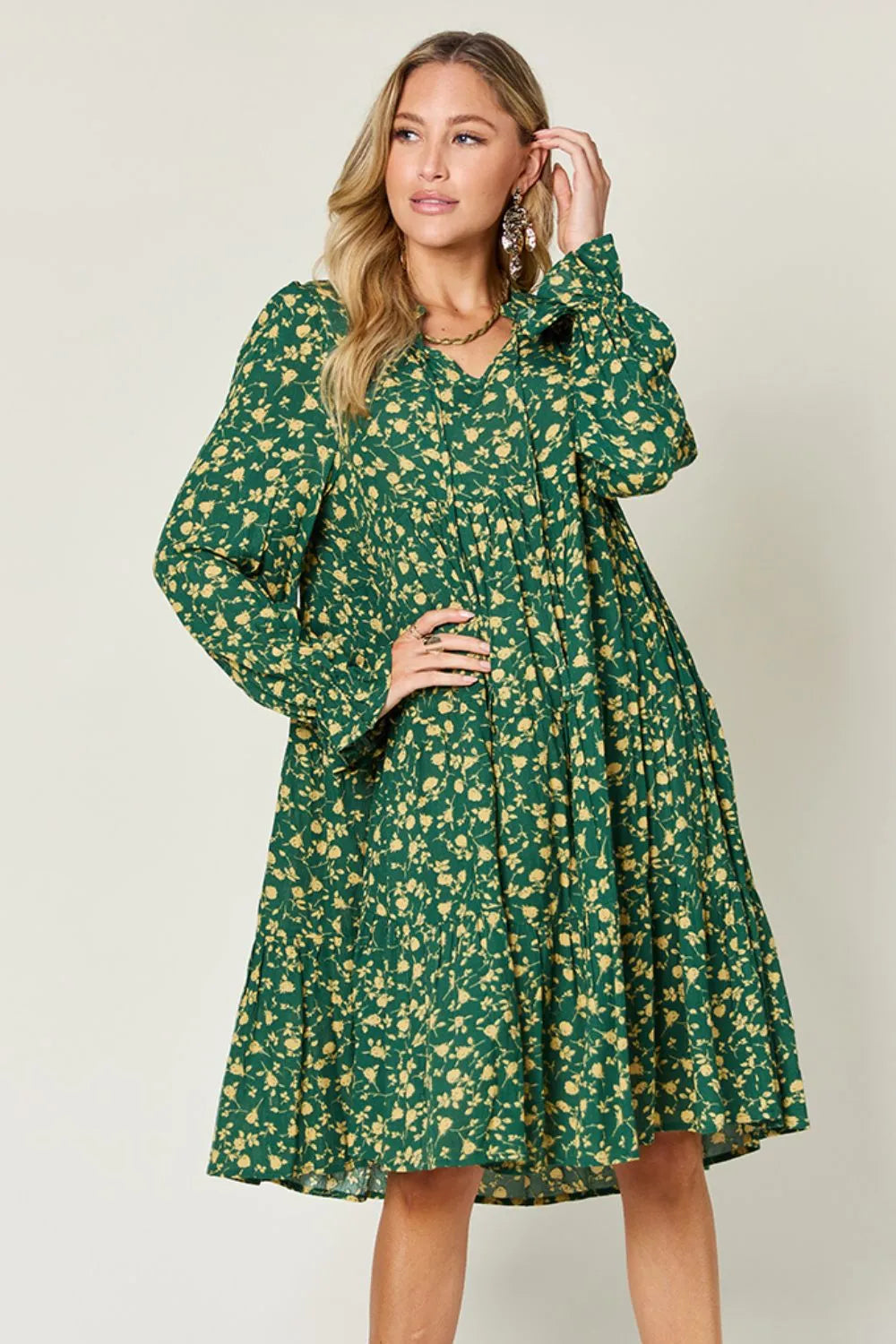 Double Take Full Size Printed Ruffle Hem Long Sleeve Tiered Dress Dark Green cc3fc60b-0a8a-448e-8691-c813078c12be-Max