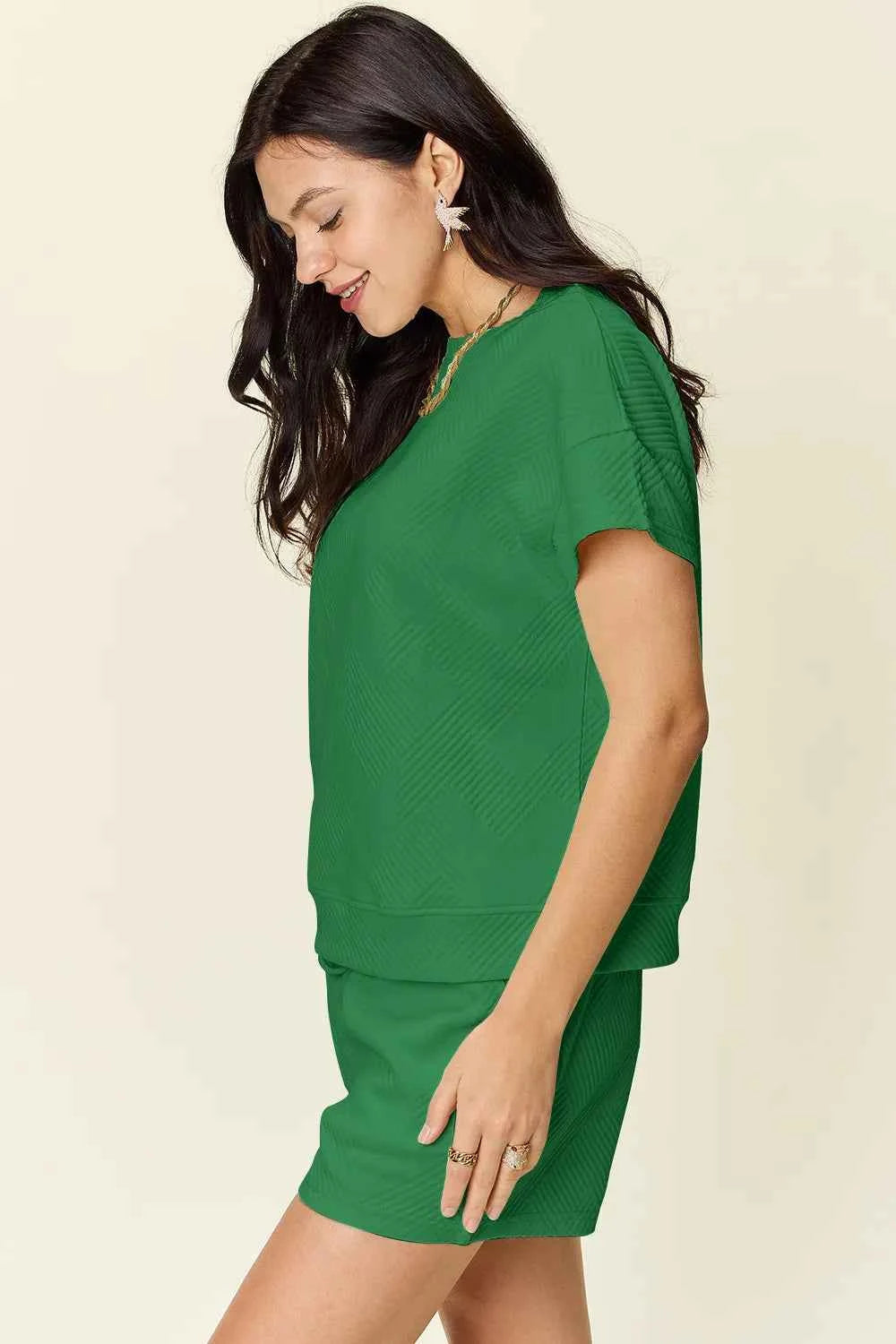 Double Take Full Size Texture Short Sleeve T-Shirt and Drawstring Shorts Set cc47576a-000a-4455-8d33-3689d72982d5-Max