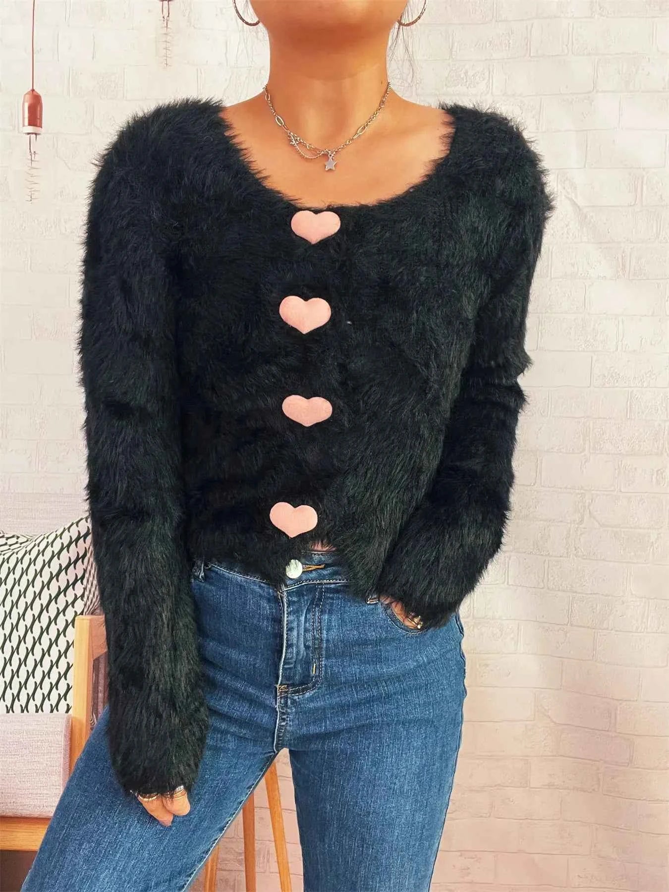 Fuzzy Heart Shape Button-Up Cardigan Black One Size cc4a8d5b5460411cb6eb7d0ac6c33db2-Max-Origin