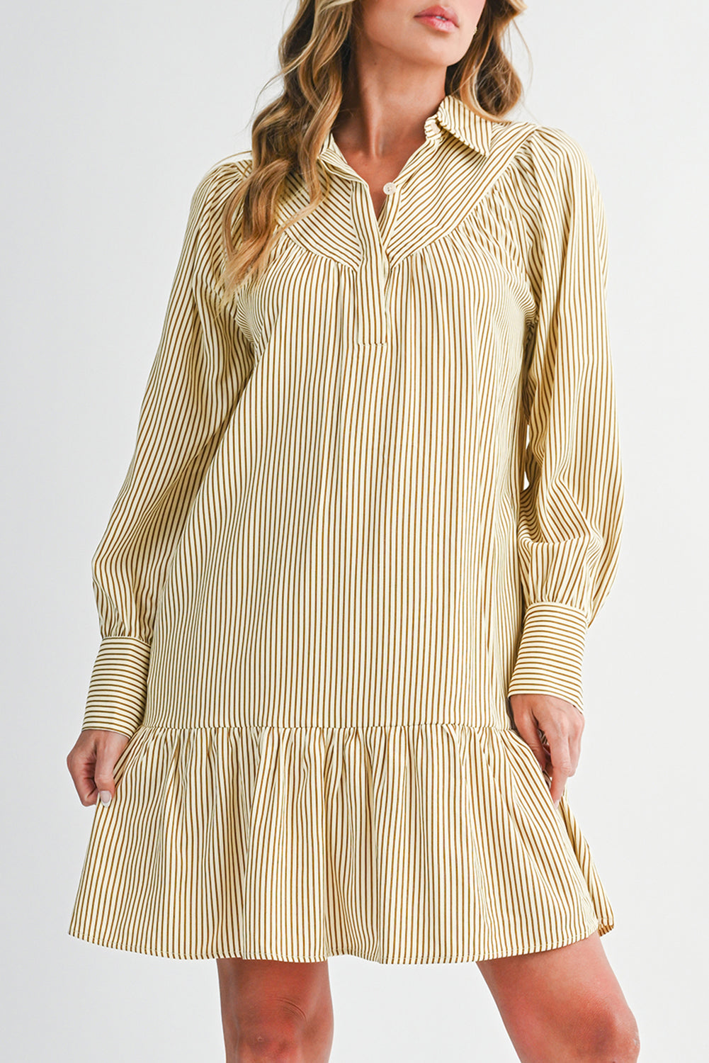 Brown Striped Shirt Collar Ruffle Hem Long Sleeve Dress cc4ba137dc267e8f