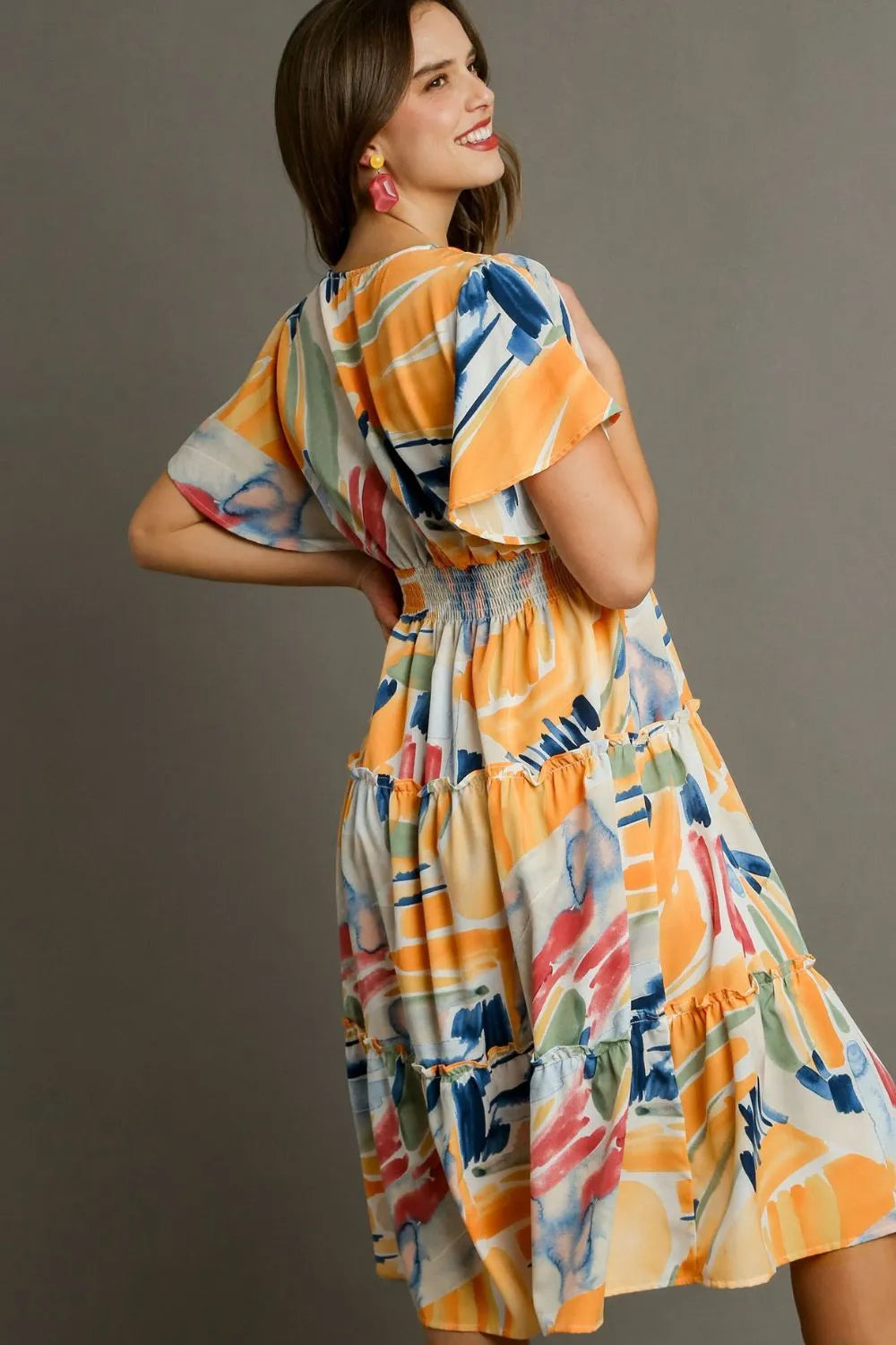 Umgee Full Size Abstract Print Flutter Sleeve Frill Tiered Midi Dress Plus Size cc569fe5-6afd-493c-a077-994dabd3a54a-Max