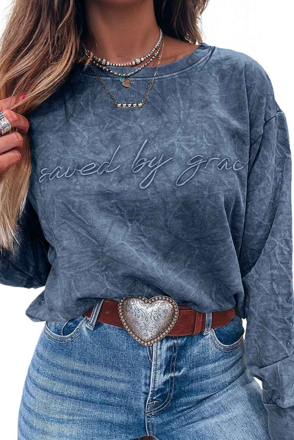 Real Teal saved by grace Letter Embroidery Mineral Wash Loose Sweatshirt cc56f7242923dfa1