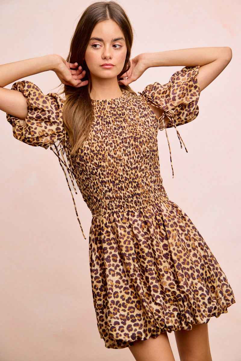 BiBi Leopard Bow Tie Attachable Puff Sleeves Dress cc57afe632e4473b94789b3a251989e4-Max